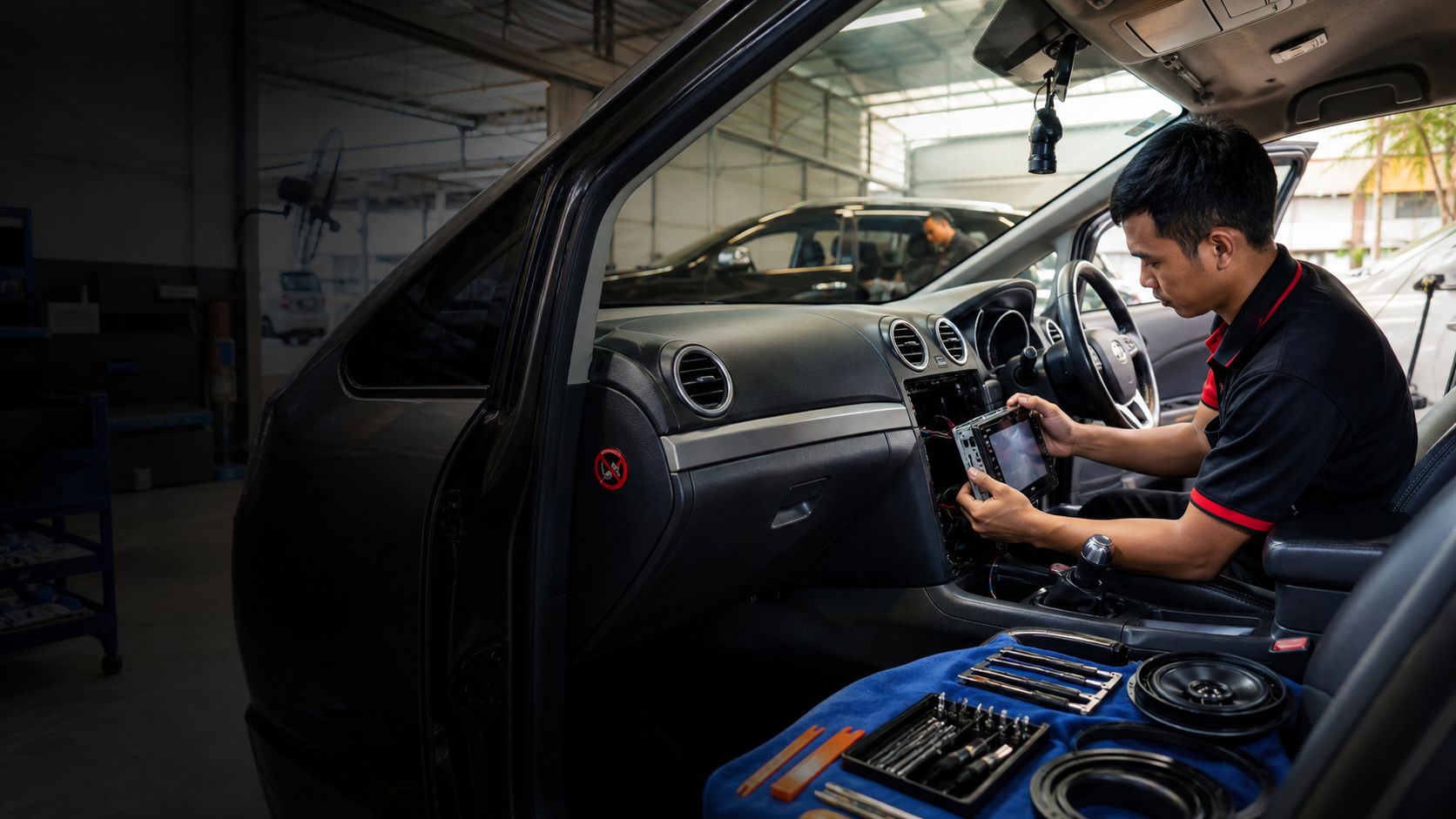 Teknisi memasang head unit audio di dasbor mobil, dengan peralatan dan speaker di atas jok