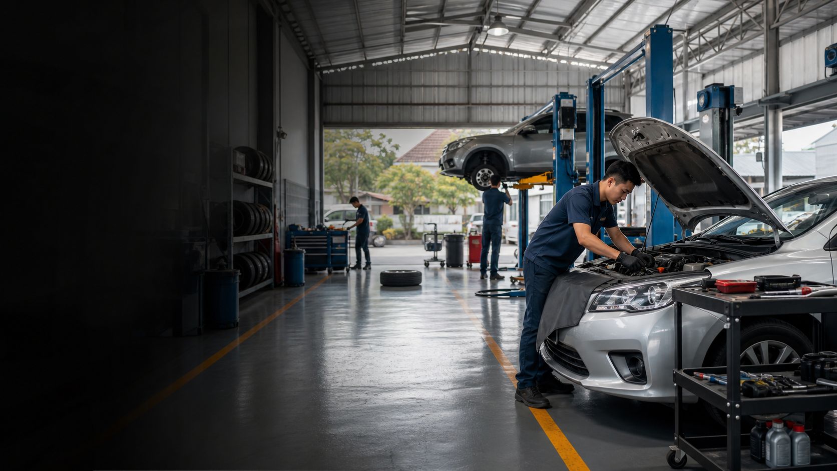 Mekanik memeriksa mesin mobil dengan kap terbuka di area servis bengkel, sementara mobil lain terangkat di lift hidrolik